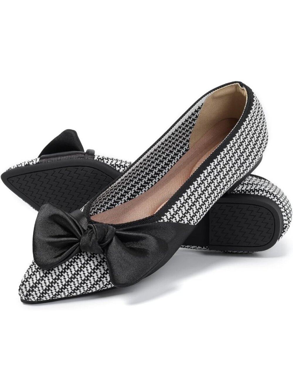 Women's Black and White Comfortable Pointed Toe Bow Slip On Ballet Flat Shoes